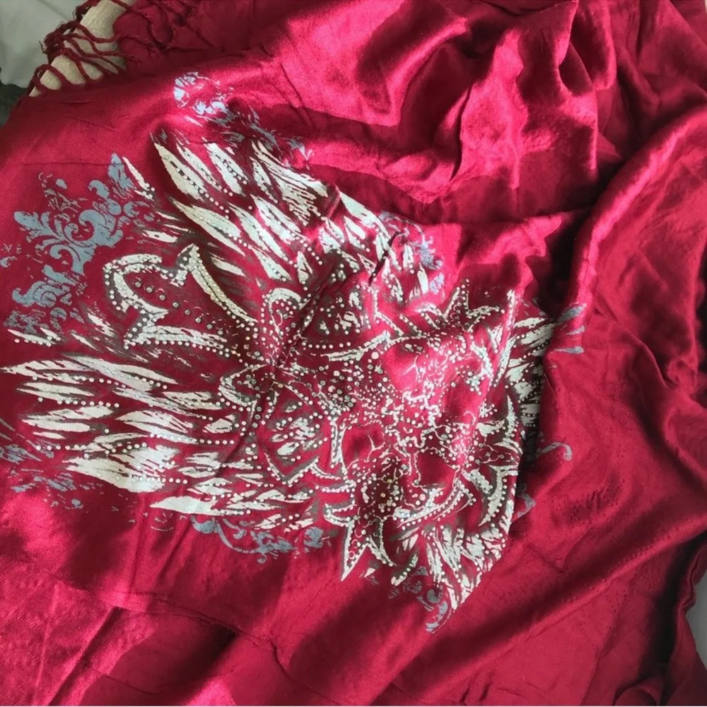 Embellished Wine Red Shawl with Silver Floral Design